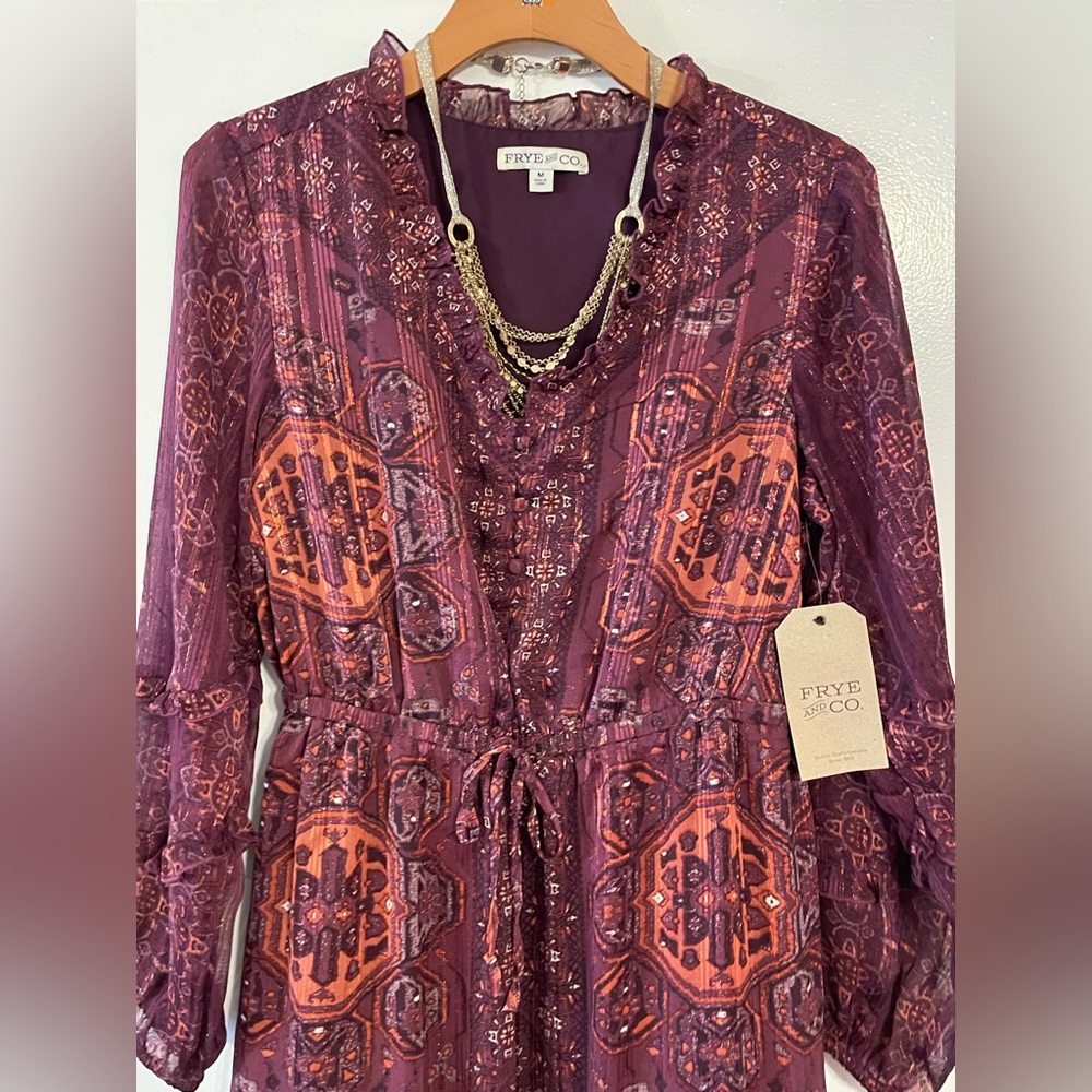 NWT Frye & Co. Boho Mini Dress/ Plum & Orange ✨✨ Metallic Accents/ Medium